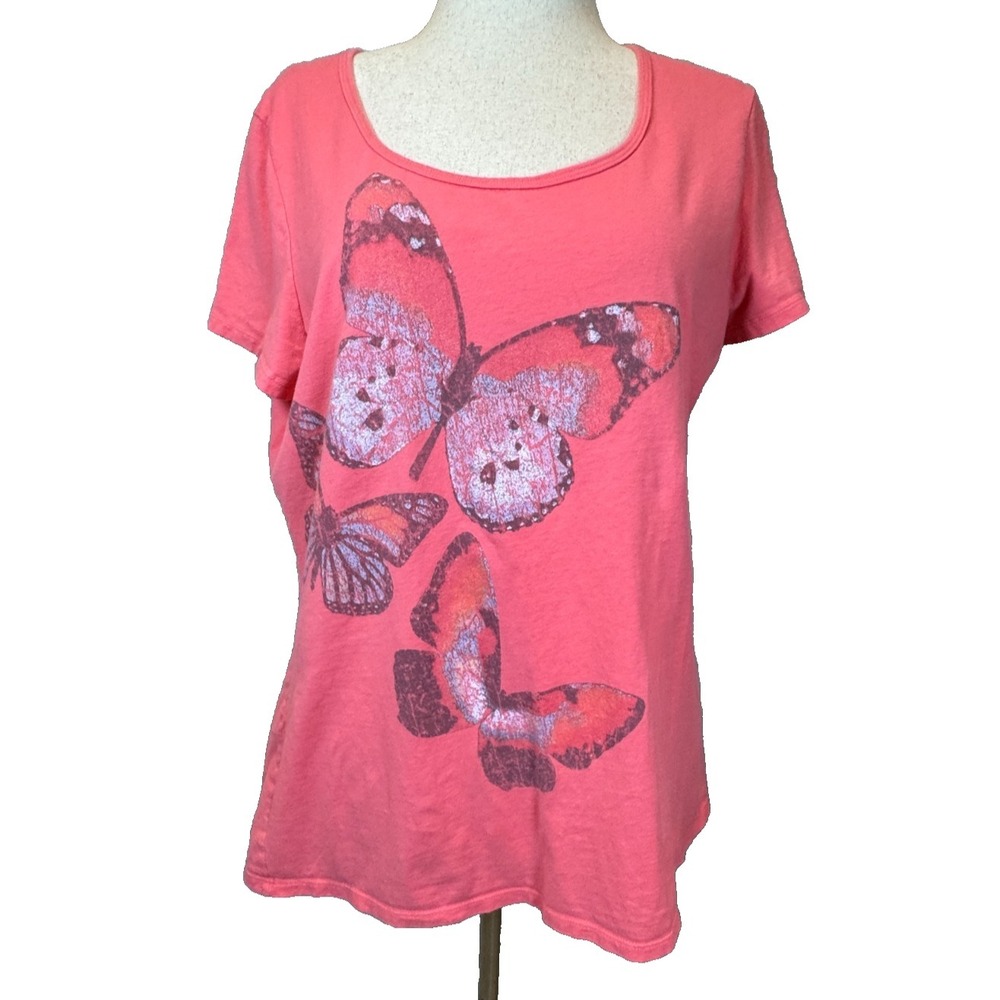 Just My Size All Cotton Butterfly Graphic T Shirt Women XL 16 Coral Short Sleeve